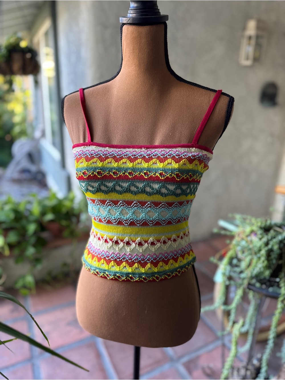 Vtg Y2K Multicolor Striped Crochet Tank Top with Pink Straps